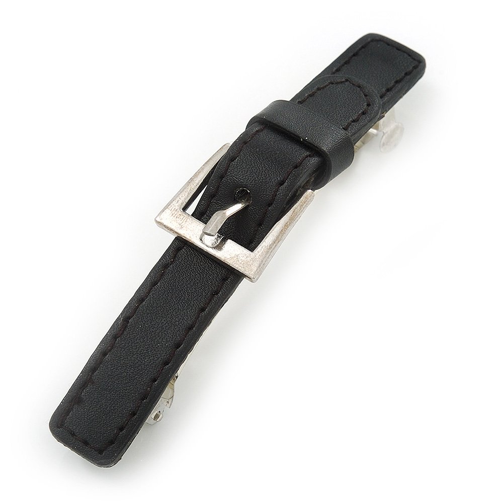 Avalaya Black Faux Leather 'Buckle' Barrette Hair Clip Grip - 105mm Across