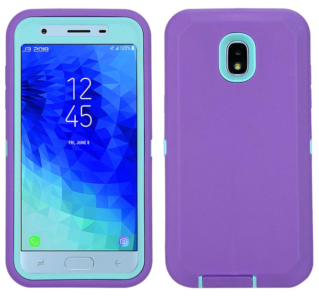 Photo 1 of Case for Galaxy J3 2018 with Built-in Screen Protector, Heavy Duty Shockproof Armor Protective Cover Defender Case for Samsung J3 2018/ Galaxy Amp Prime 3/ J3 Achieve/ J3 Star/ J3V 2018 (Purple/Mint)
