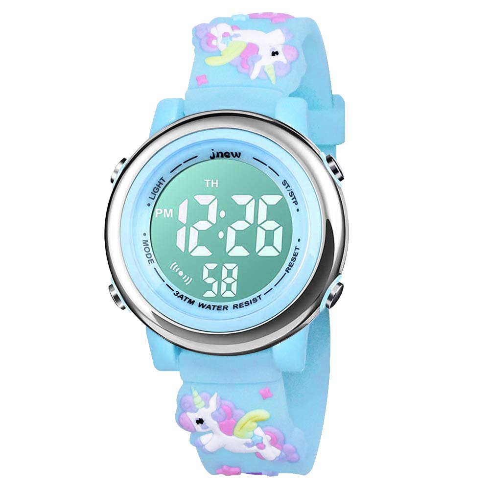 Bigmeda Kids Digital Watch, 3D Cartoon Sports Watch for 3-10 Year Boys Girls, Time Date Display, 7 Color Backlight, Stopwatch, Alarm Functions Kids Waterproof Wrist Watch (BlueUnicorn)