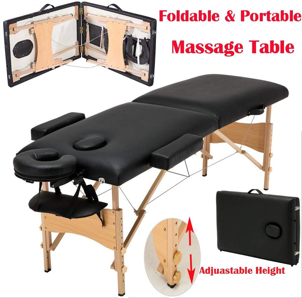 Portable 2 Section Massage Table Wood Frame Lightweight Adjustable Height Beauty Treatment Couch Folding Massage Bed w/Free Headrest Armrest Face Hole Carry Bag - Black
