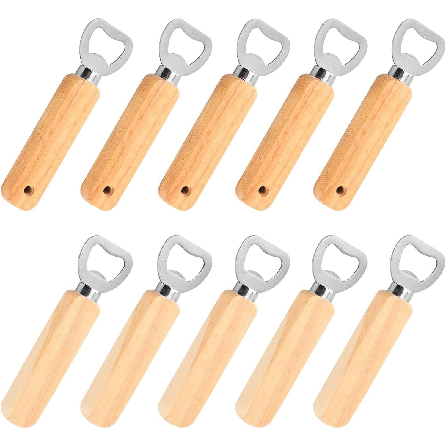 Bottle Openers (10PCS), Wooden Handle Stainless Bottle Opener Add with Hole Handle Stainless Corkscrew Bottle Opener Portable Durable Natural
