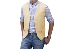 SOLOVEDRESS Men's Summer Leisure Cotton Linen Suit Vest Dress V Neck Waistcoat for Party and Beach