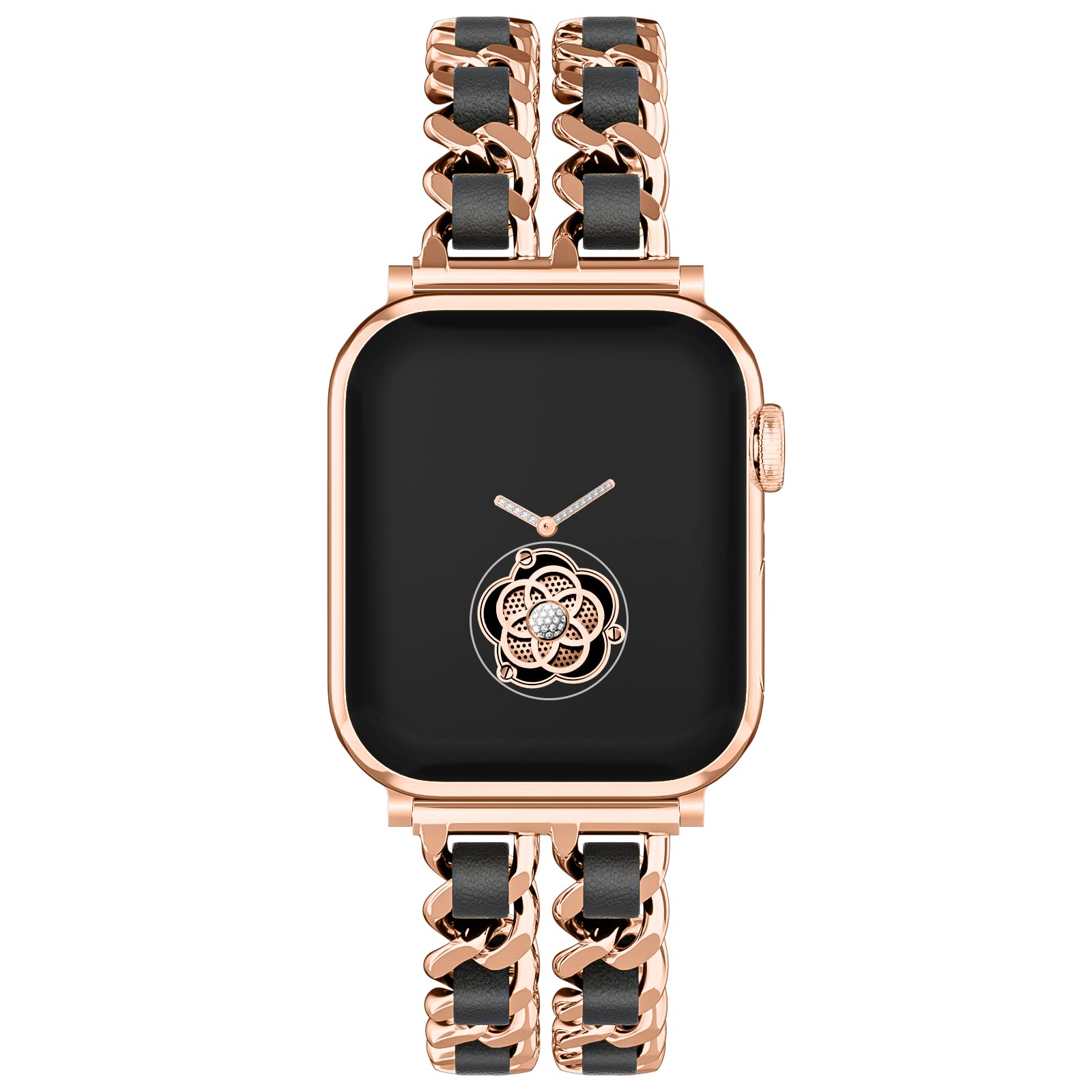 Gold Watch Bands for Women Compatible with Apple Watch Band 38mm 40mm 41mm 42mm 44mm 45mm 46mm 49mm Adjustable Metal Band Cowboy Steel Chain Bracelet for iWatch Series1/2/3/4/5/6/7/8/9/10/SE (Rose Gold/black, 46/49/45/44/42mm(Series 1/2/3))