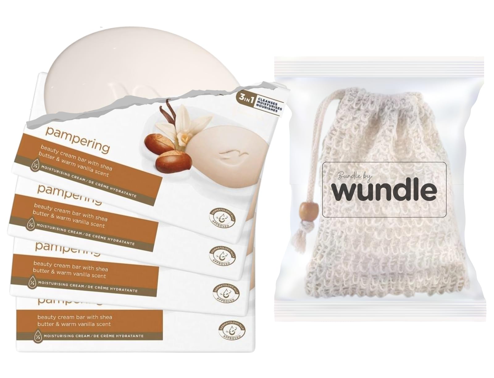 Wundle Bundle Soap Saver Exfoliating Pouch with 4 x Pampering Moisturising Soap Bars (Shea Butter & Warm Vanilla) — image 1