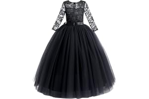 IWEMEK Flower Girls Long Lace Bridesmaid Dress 3/4 Sleeves Floor Length Wedding Party Evening Formal Pegeant Maxi Tulle Ball Gowns