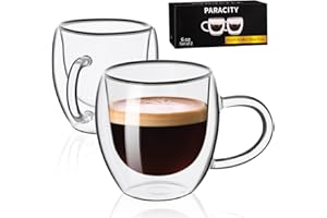PARACITY Espresso Cups Set Of 2, Double Wall Insulated Glass Coffee Mugs 5.5 OZ, Cappuccino Cups with Handle, Clear Glass Coffee Cups Travel Camping for Cappuccino/Latte/Tea/Shots … (5.5OZ)