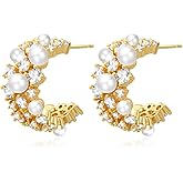 Watforsh 14K Gold Plated Pearl Hoop Cubic Zirconia Wedding Earrings for Bride and Bridesmaids White Pearl CZ Circle Earrings for Women