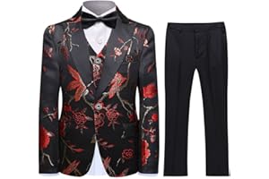 SWOTGdoby Boys Suits 3 Piece Gold Paisley Floral Suit Set Slim Fit Tuxedo Embroidery Suit Blazer Vest Pants