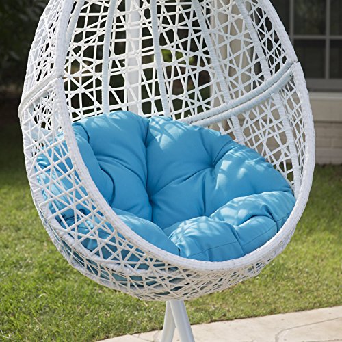 White Resin Wicker Hanging Egg Chair w/ Stand Outdoor Patio Includes Blue Cushion Beachfront Decor