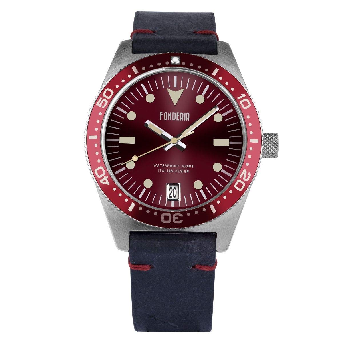 Fonderia The Captain Men's Vintage Stainless Steel Italian Design Luminous Hands Watch, Strap.