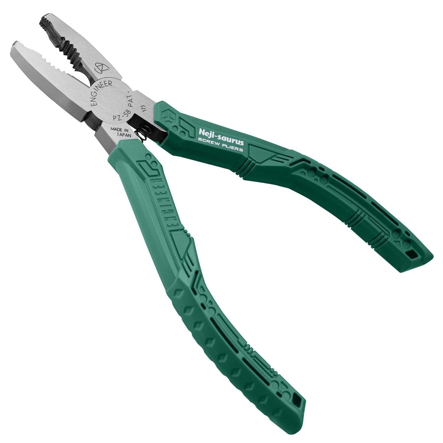 Screw Removal/gripping Pliers (Combi Style) with Unique Non-Slip Jaws for Quickly extracting Damaged Screws (Green Grips). Made in Japan. ENGINEER pz-58 GT neji-Saurus