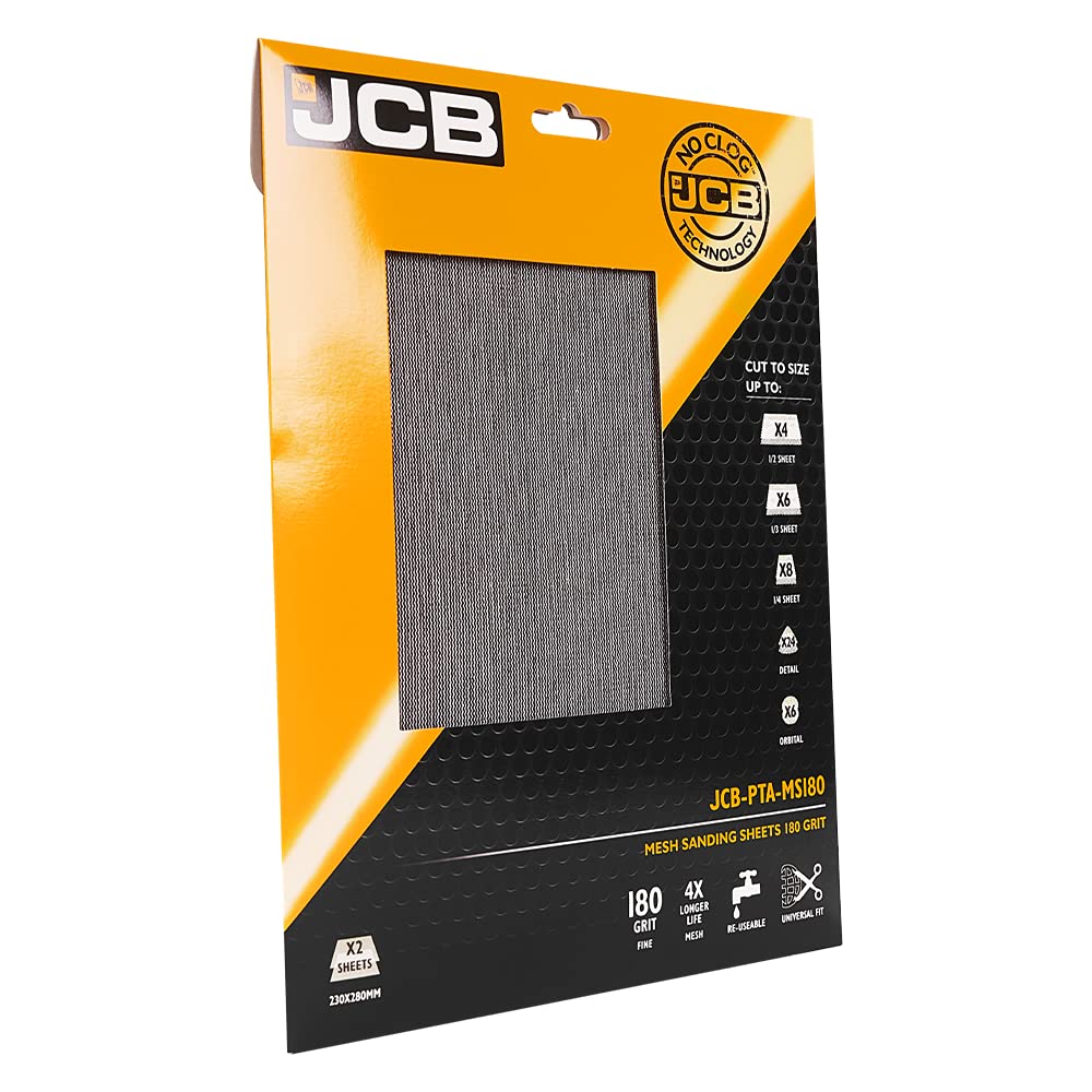 JCB - 180 Grit Mesh Sanding Sheets - 2 x Fine Metal Mesh Sanding Paper Sheets - Power Tool Accessory, Compatible with Palm, Orbital and Disc Sanders - Ideal for Surface Preparation and Finishing