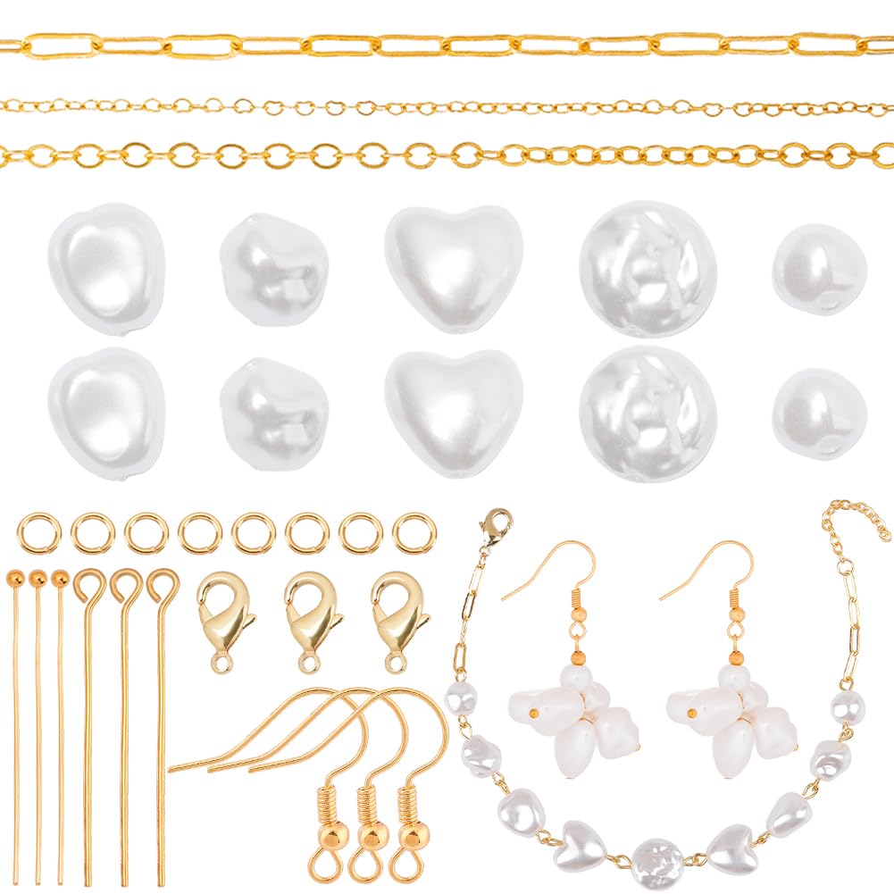 SUNNYCLUE Baroque Style Imitation Pearl Beads Fake Pearls Bead Earrings Bracelets Making Kit Love Heart White Beads Brass Cable Chain Paperclip Chain Earring Hooks for Jewellery Making Kits Adult