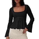 Women Long Sleeve Babydoll Tops Y2k Square Neck Sheer Floral Lace Ruffle Flowy Shirt Coquette Going Out Streetwear