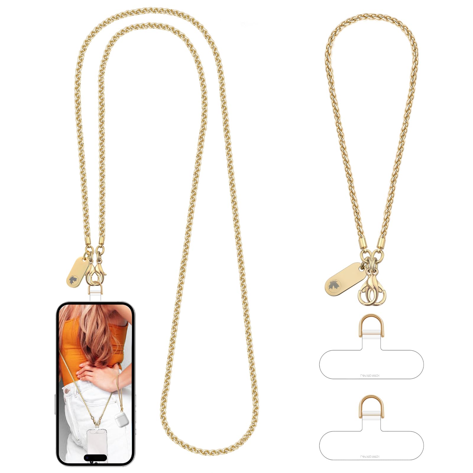 UKON Mobile Phone Lanyard Crossbody and Wrist Strap Set, Metal Phone Chain Neck Strap for Women Anti Theft iPhone Lanyard Strap with Tether Tabs, Detachable iPhone Chain for Women Girls (Pale Gold)