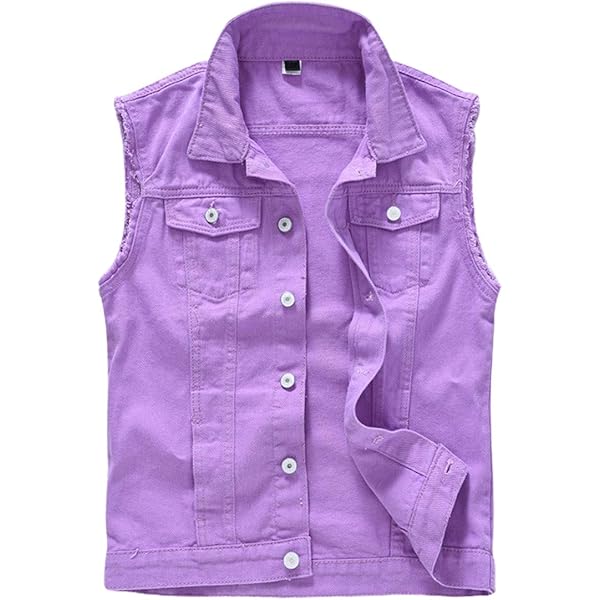 SWJGLITTR Men Purple Sleeveless Jean Outerwear Lapel Button Denim