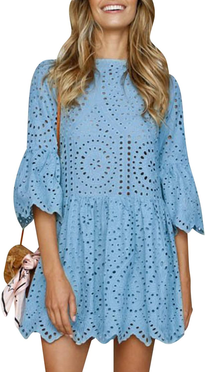Women's Casual Cotton Aline Dress Flare Sleeve Loose Mini Dress