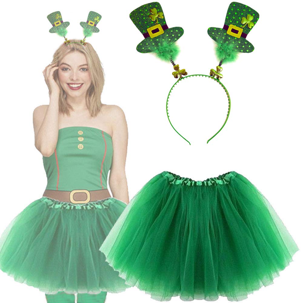 Lizzy | Women's St Patrick's Day Tutu Costume | One Size, Green, 3 Layered Skirt, Headbopper with Mini Hats & Fur | Irish Fancy Dress for Parades, Parties, Celebrations