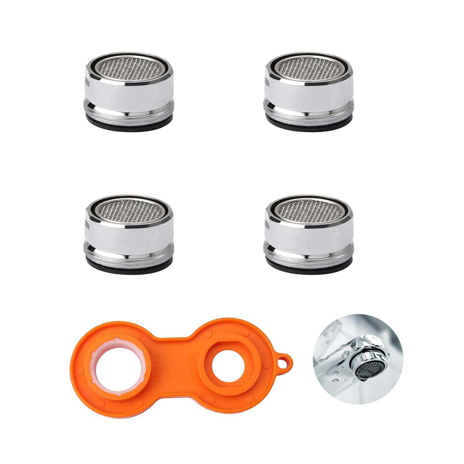 Angelkiss 4 Pieces 24mm Male Thread, Metal Nozzle Universal, Anti Splash Water Saver Spout Filter Kitchen Tap Aerators with Rubber Gaskets and Faucet Wrench, Silver