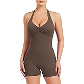YEOREO Women Halter Workout Jumpsuits One Piece Backless Bodycon Bodysuits Hidden Scrunch V Back Yoga Joceline Short Romper