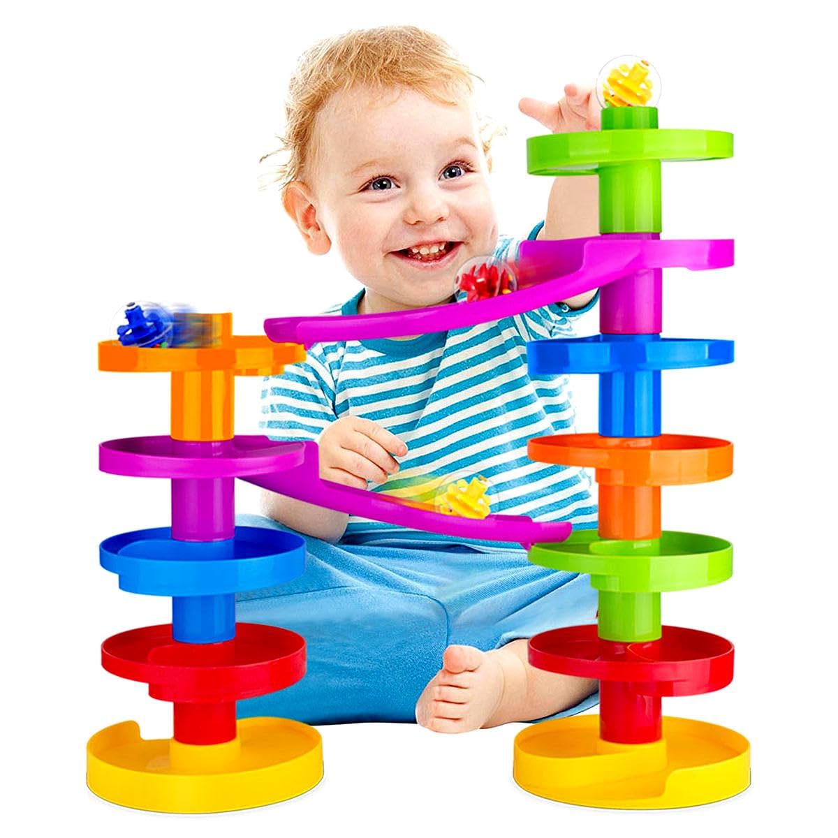 WEofferwhatYOUwant Advanced Ball Drop Toy – 16-Piece Montessori STEM Playset for Toddlers 10M+ with 2 Purple Bridges, 8 Spiral Ramps, Large Rattle Balls | Expandable, Stackable, Safe & Durable