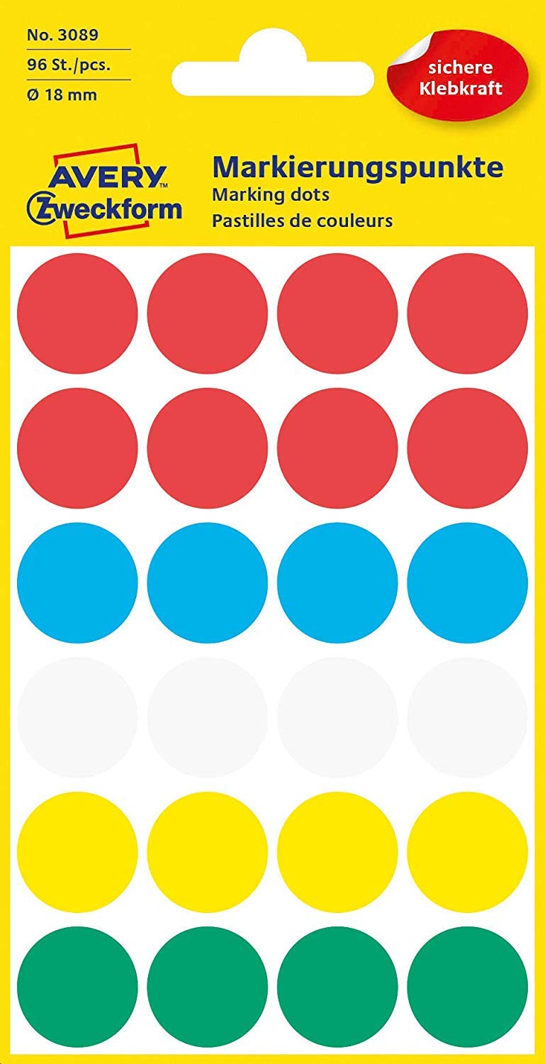 Avery Zweckform 3089 Coding Dots (96 Pieces Diameter 18 mm 4 Sheets Assorted Colours