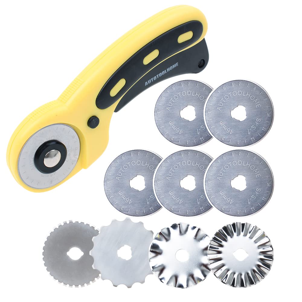 Photo 1 of AUTOTOOLHOME 45mm Rotary Cutter Set with 9 Pack Replacement Rotary Blades Skip Rotary Blades Pinking Rotary Blades for Sewing Fabric Leather Quilting Cutter Paper Perforating Tool