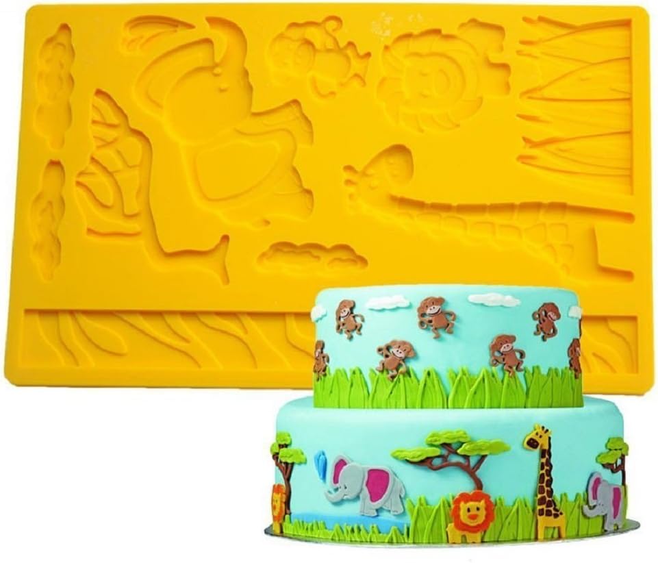 3D Safari Jungle Scene Silicone Fondant Gum Paste Mold for Children's Birthday Cake Cupcake Decoration, Animals, Lion, Giraffe, Elephant, Monkey