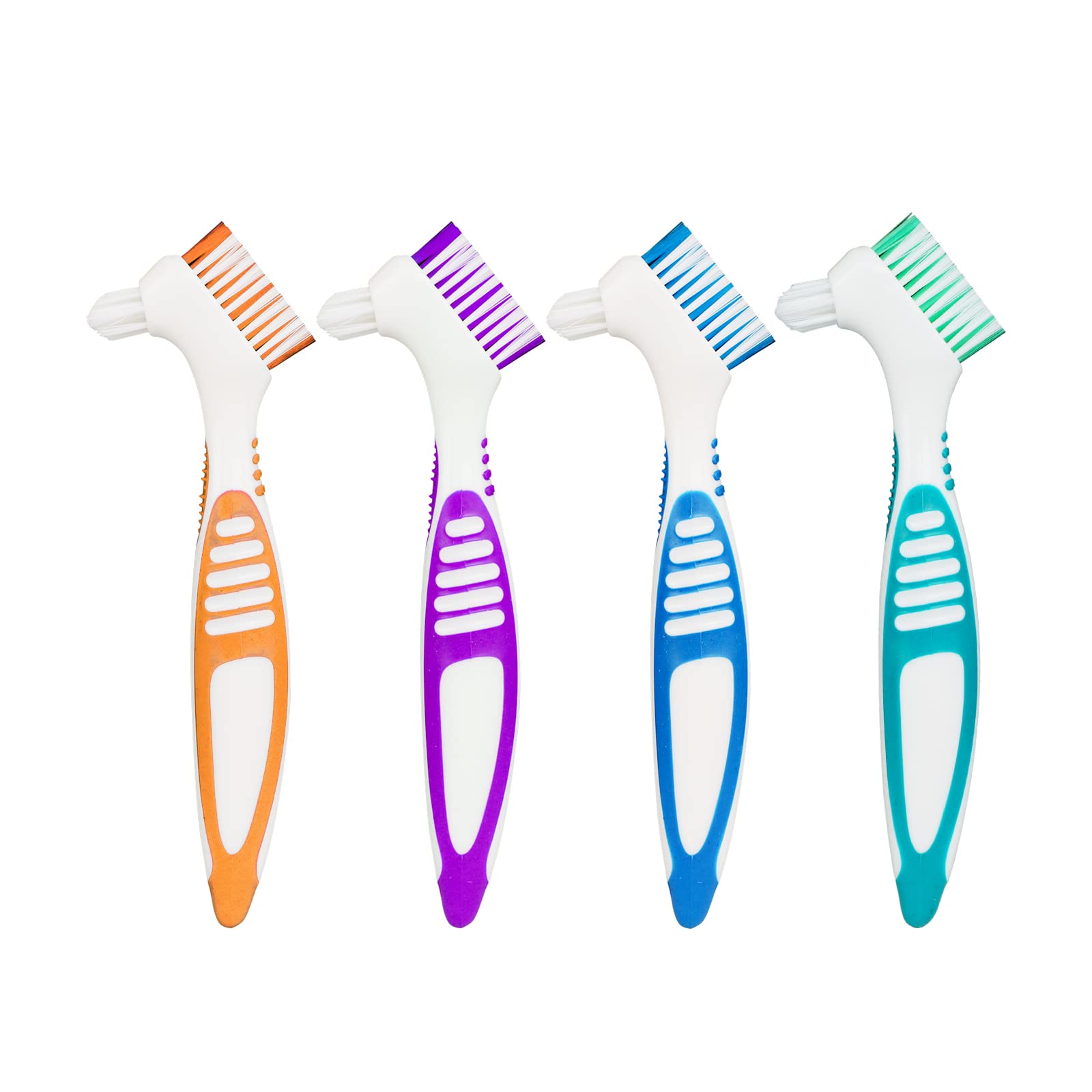 4 Pcs Denture Toothbrush, Double Bristle Head Denture Cleaning Brush Set, Portable False Teeth Brushes for Denture Care Denture Cleaner (4 Colors)