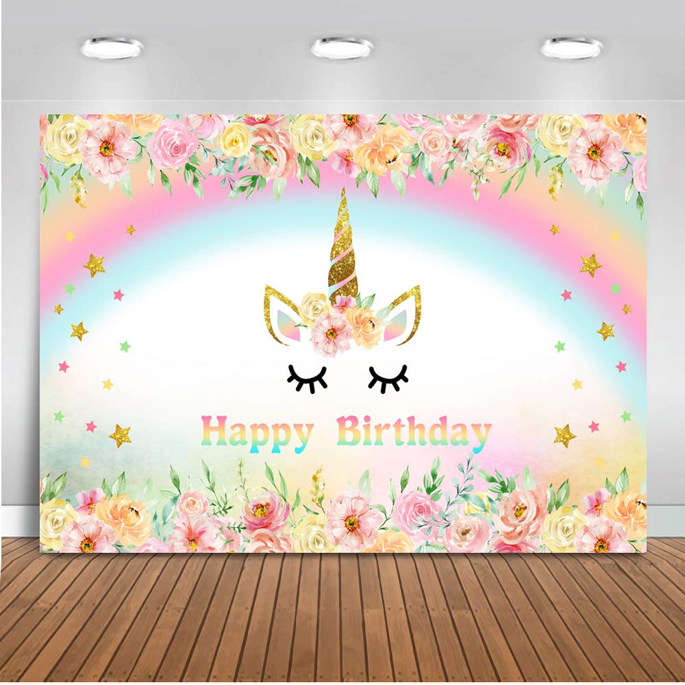 Mehofoto Unicorn Flower Backdrop 7x5ft Happy Birthday Theme Rainbow and Rose Photo Backdrops Twinkle Star Birthday Party Photography Background