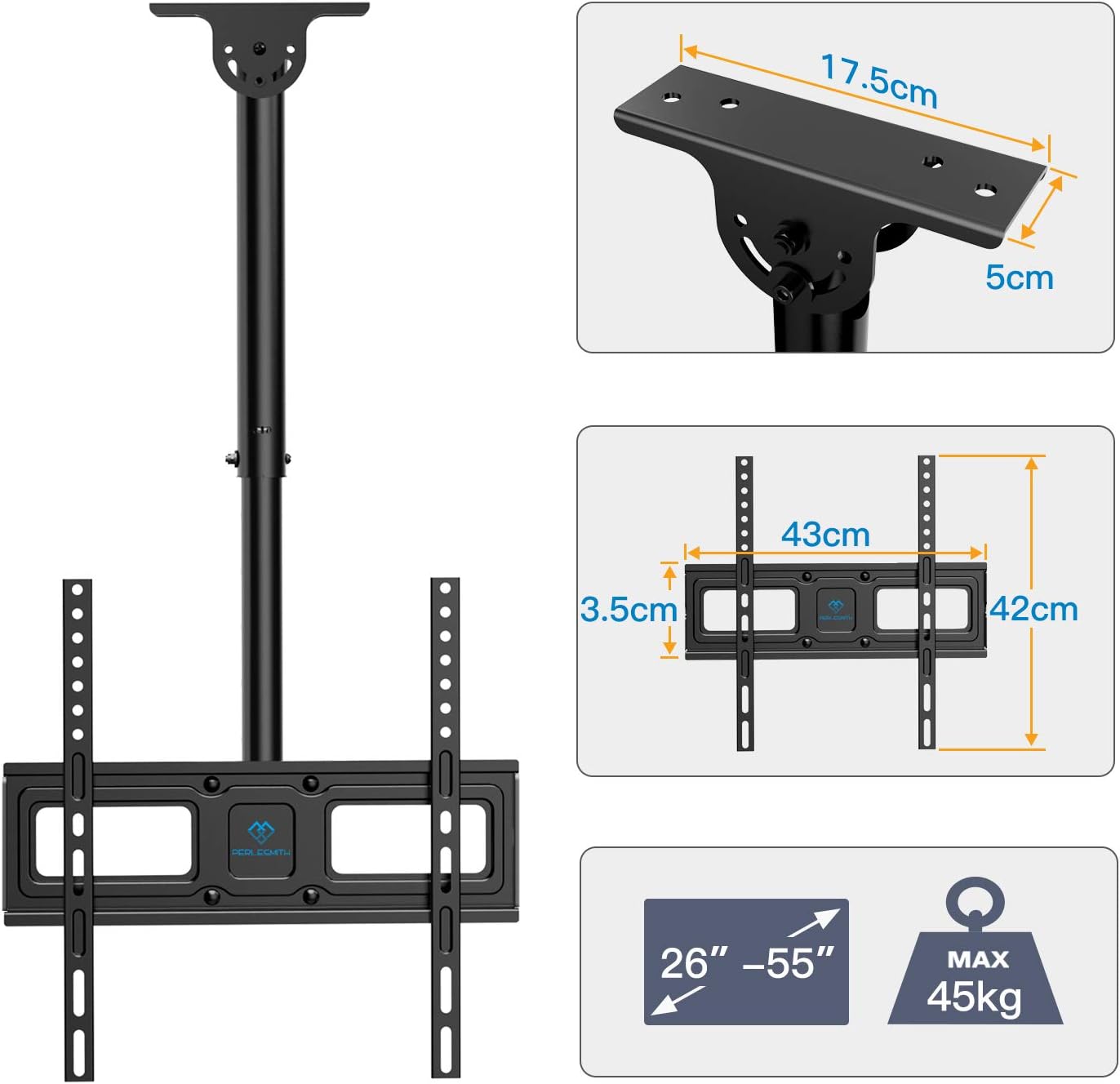 PERLESMITH Ceiling TV Bracket, Adjustable Swivel Ceiling Mount for Most 26-65 inch TVs, Full Motion Ceiling TV Mount - Image 5