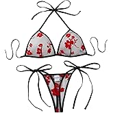 TrueVip 2 Piece Sexy Lingerie Set for Women Tie-Strap Sheer Bra and Panty Set See Through Halter Bralette Thong Teddy Outfits