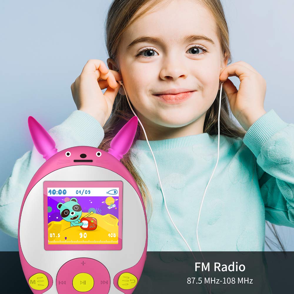 Wiwoo Bluetooth MP3 Player for Kids, 8GB Lossless Portable Music Player with Speakers, FM Radio, Voice Recorder, Video,Pictures, Kids Friendly MP3 Player with Cartoon Pattern Support Up to 128GB, Pink