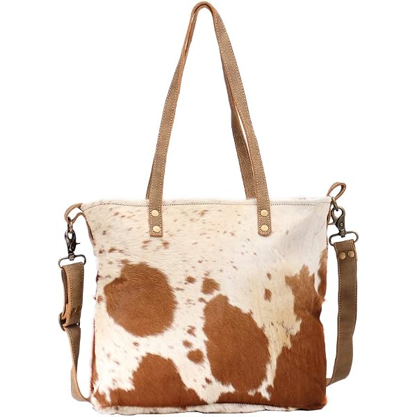 Myra Stripes Cowhide Shoulder Bag - Brown, Large Upcycled Canvas & Leather Tote
