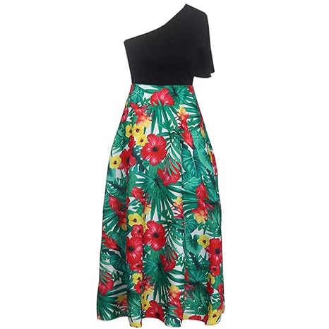 IZZB Mode Damen Sommer Partykleid Lässige Cold Off Schulter Flare Sleeve Bohe Blumen Print Lange Freizeitkleid Abendkleid Cocktailkleid Kleider