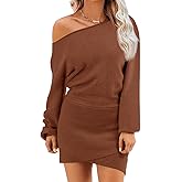 Wenrine Women's Off The Shoulder Sweater Dress 2025 Fall Winter Casual Long Sleeve Knit Slim Fit Pullover Mini Dresses Coffee