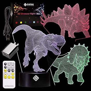 Kids 3D Dinosaur Night Light Illusion - Uses 3 Different Acrylic Dinosaur Panels and 7 Unique Colors - Remote Control-Operated to Change Color, Patterns & Speeds, Battery-Operated - Kids Night Light