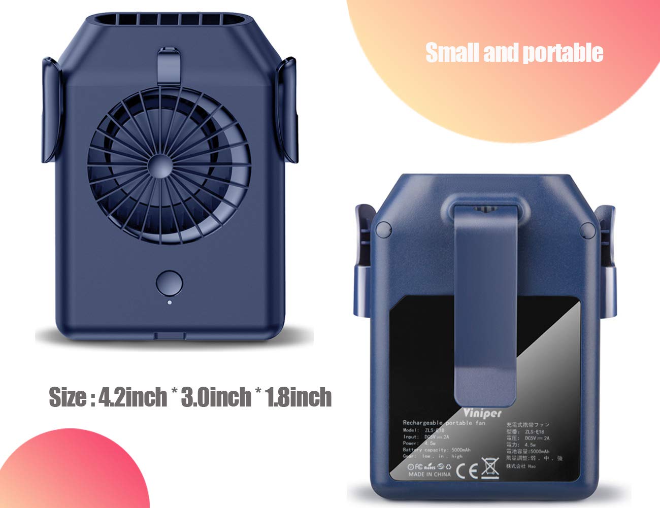 Viniper Waist Clip Fan, Portable Necklace Fan : 5-22 hours Work, 3 Speeds, Rechargeable Battery Operated & Personal Waist Fan Suit for Sport, Work Outdoor (Black)