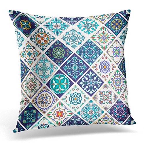 Emvency Throw Pillow Covers Blue Beautiful Patchwork Pattern and with Portuguese Tiles Azulejo Talavera Moroccan Ornaments Colorful Decorative Pillow Case Home Decor Square 20" x 20" Pillowcase