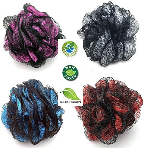 iCoverLap 4 Pack of Luxury Bath Shower Sponges Pouf Loofah Mesh Brush Shower Ball Eco-Friendly, Hot Pink White Dark Blue Red