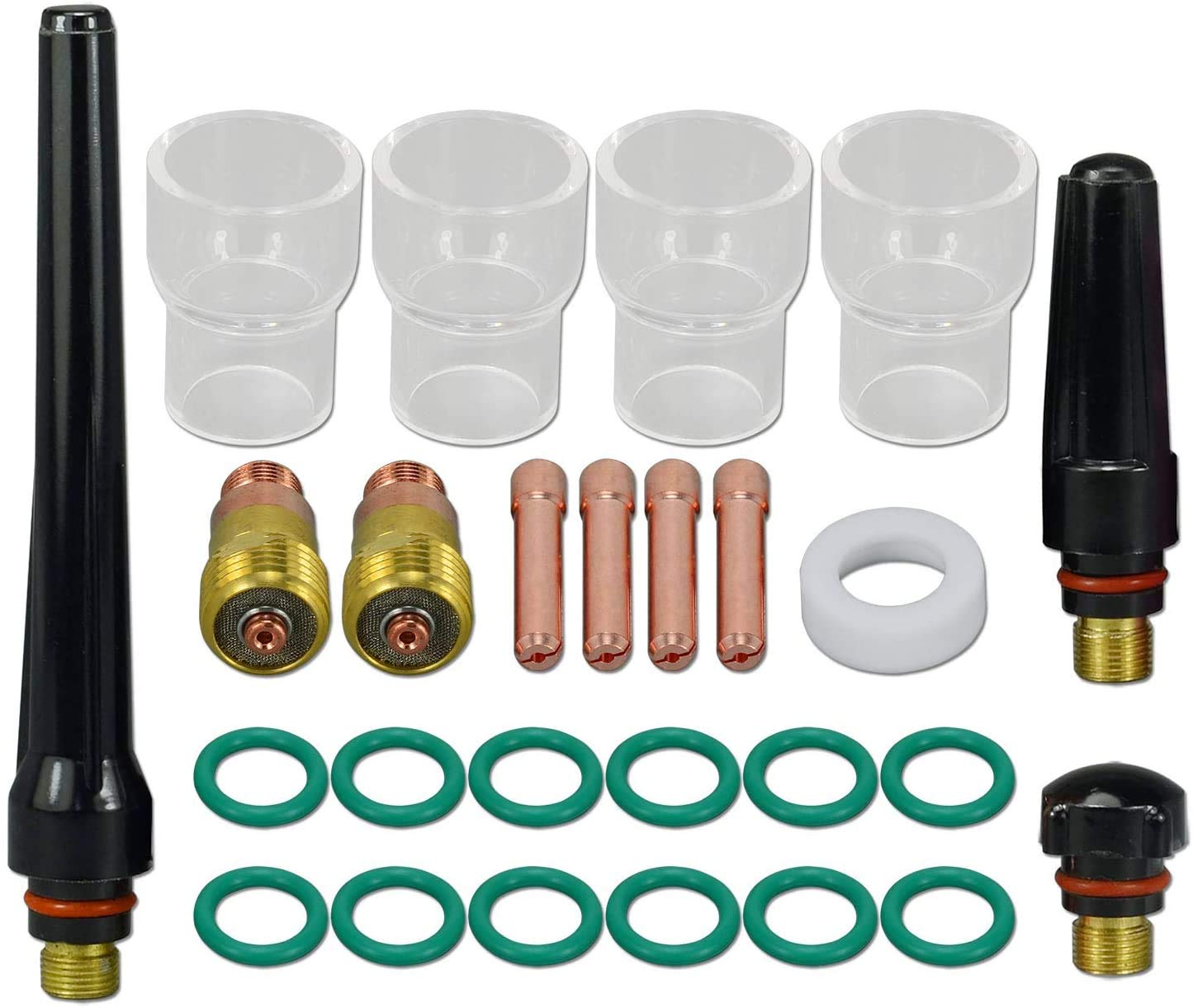 RIVERWELD TIG Stubby Gas Lens Collet Bodies 17GL116 10N23S 1.6mm Class Cup Clear Quartz Nozzles #12 21.0mm TIG Back Cap 57Y02 Kit for DB SR WP 17 18 26 TIG Welding Torch 26pcs