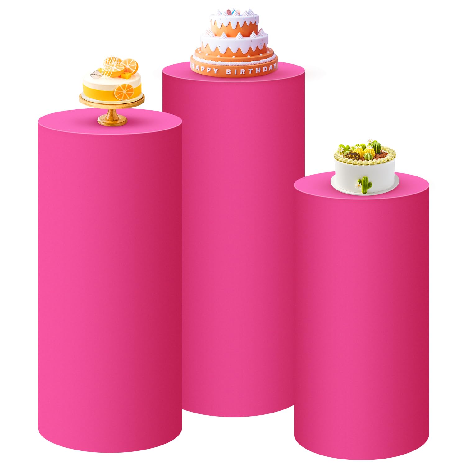 Photo 1 of SaitiMade Set of 3 - Fuchsia Cylinder Pedestal Stand Covers, Spandex Cylinder Stand Covers for Party, Wedding or Birthday Event Decor - Only Contains Cylinder Covers
