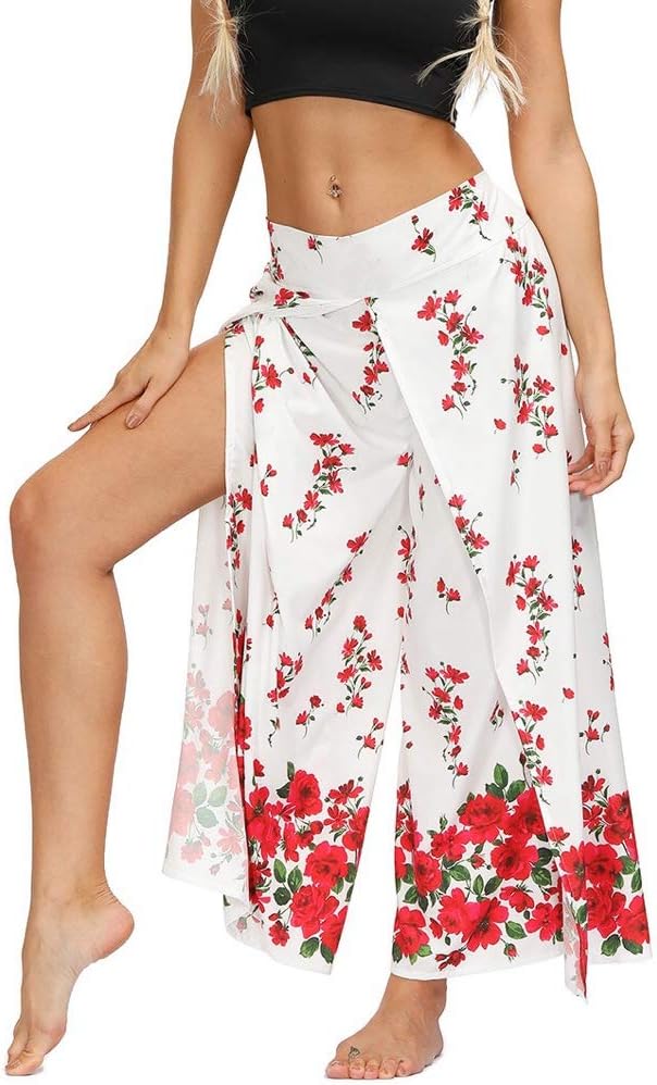 MsAnya Womens Palazzo Slit Wide Leg Pants Summer Casual Beach Boho Hippie Bohemian Pilate Plus Size 10-18