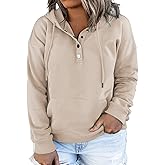 VISLILY Women's-Plus-Size-Hoodies Buttons Collar Hooded Sweatshirts Drawstring Pullover Tops with Kangaroo Pocket XL-4XL