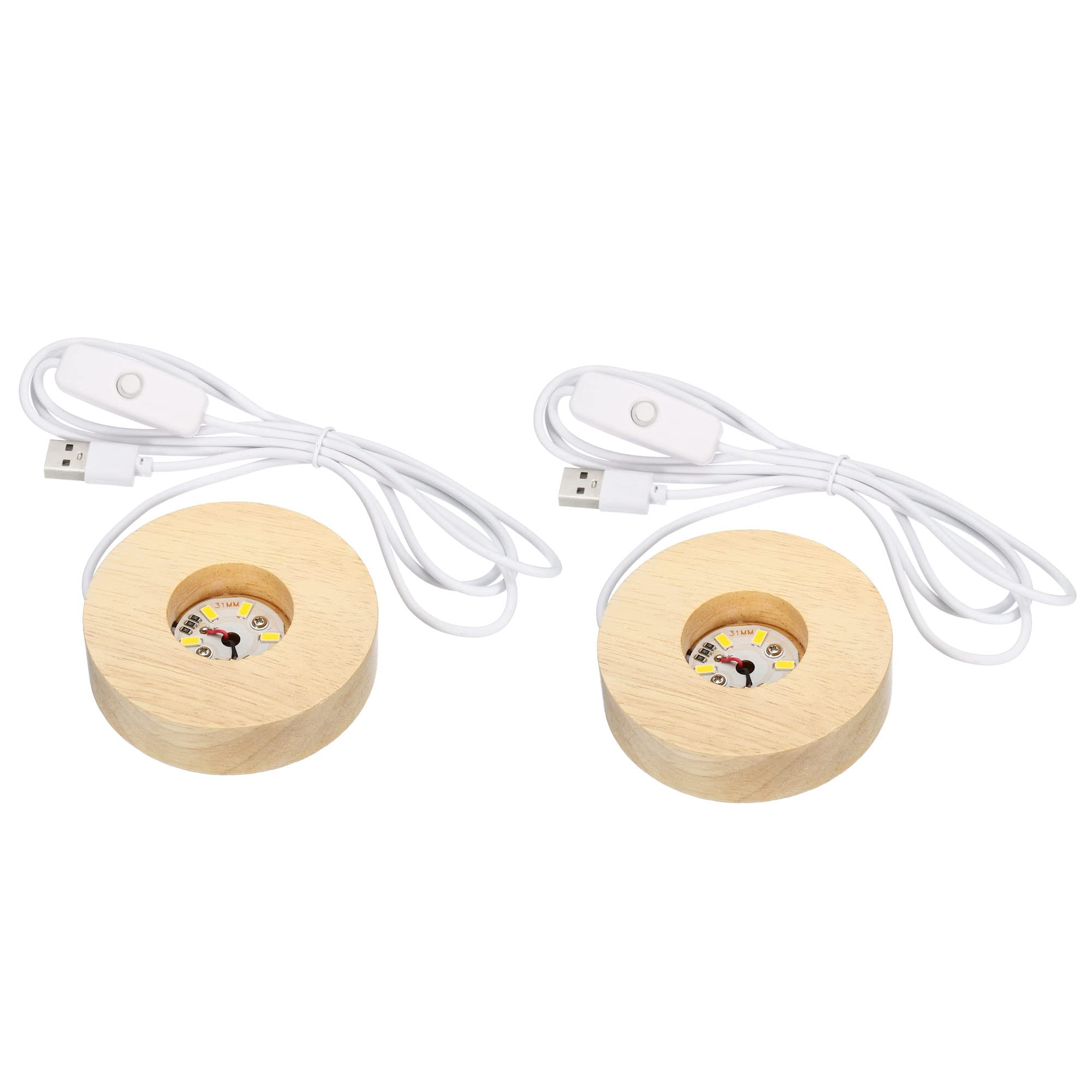 PATIKIL Wooden LED Light Base Stand, 2 Packs Round Wooden 3.15" Dia Warm White Lights Display Pedestals for Crystal Glass Art Decorations, Wood Color