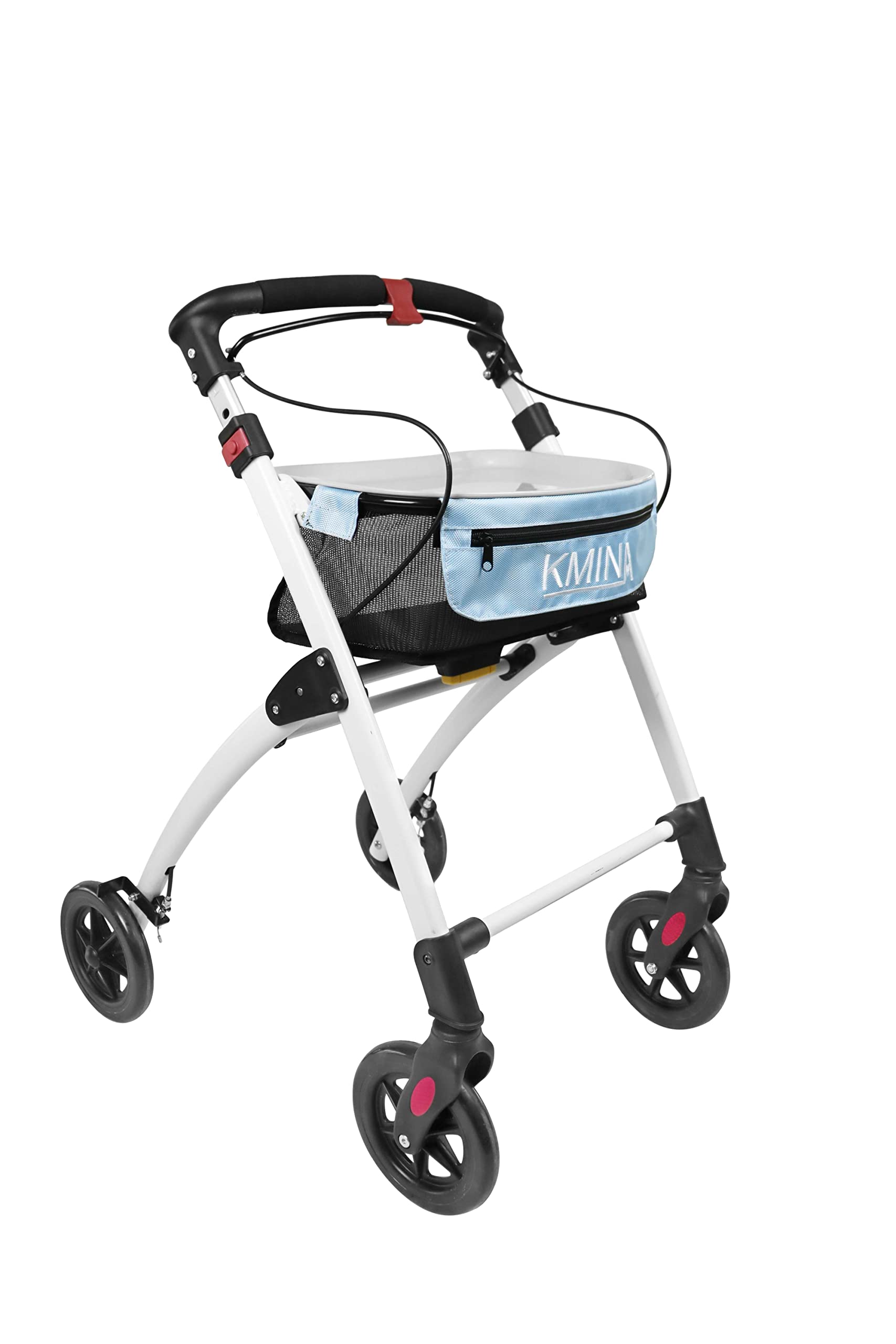KMINA Narrow Walker with Tray, Lightweight, Basket and Brakes, Adjustable, 4 Wheel Folding Indoor Rollator, Blue - KMINA PRO