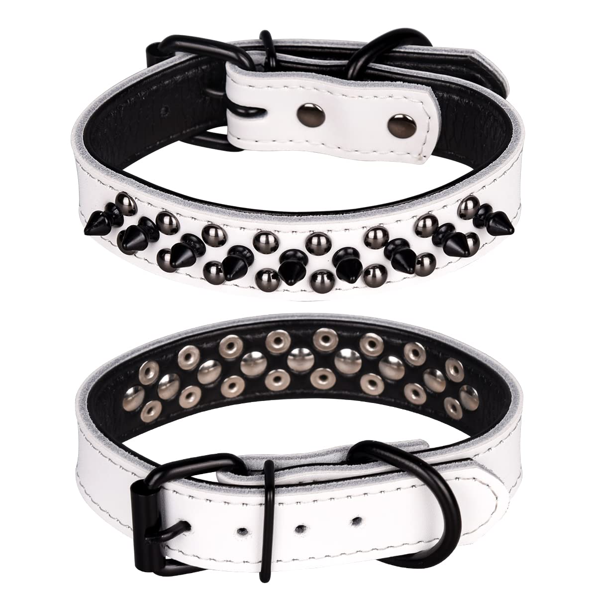haoyueer Spiked Studded Dog Collar, Genuine Leather Dog Collar, Adjustable Pet Collars for Medium Large Bulldog Pitbull Mastiff Poodle Boxer (L, White-1)