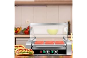 S AFSTAR Commercial 30 Hot Dog 11 Non-Stick Roller Machine, Electric Hot Dog Sausage Grill Cooker Machine with Removable Stainless Steel Drip Tray & Glass Hood Cover, Countertop Hot Dog Roller Warmer