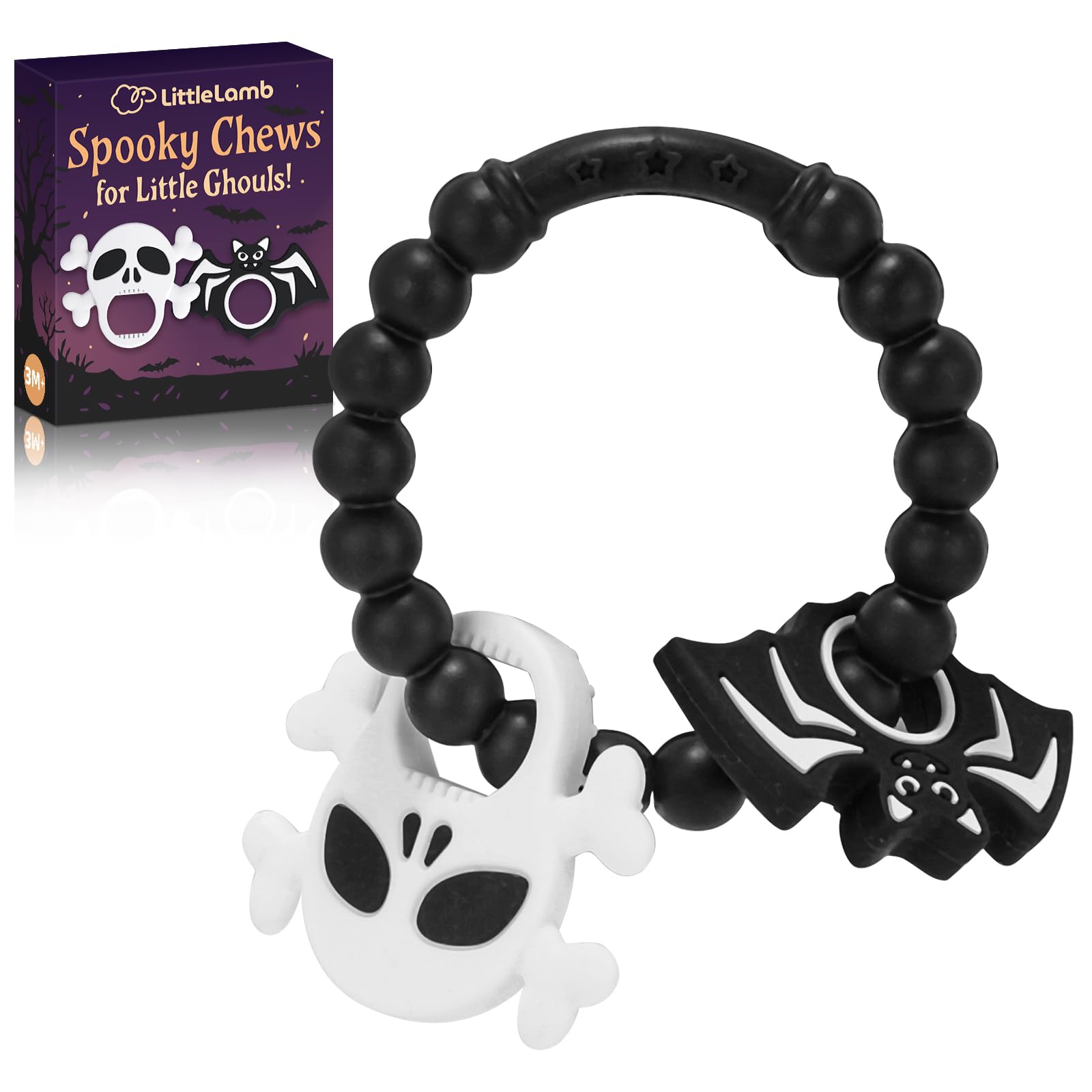 Photo 1 of Halloween Baby Teething Ring Toys – Skull & Bat Silicone Teethers for Newborns, Infants & Toddlers – Sensory Chew Bracelet for Teething Relief – Perfect Baby’s First Halloween Basket Stuffers