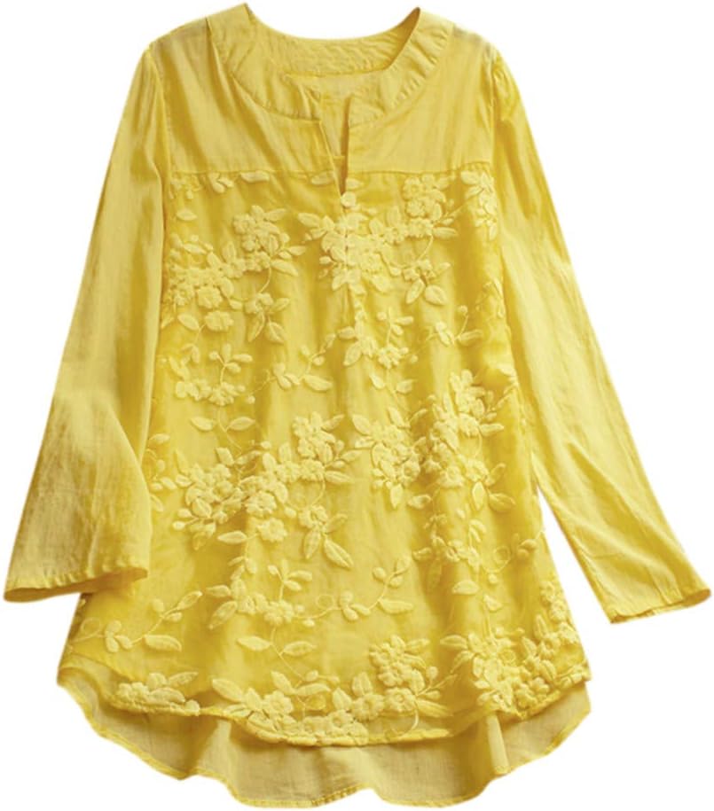 Floral Lace Embroidery/Print V-Neck Long Sleeve Loose Baggy Tops,14,Yellow